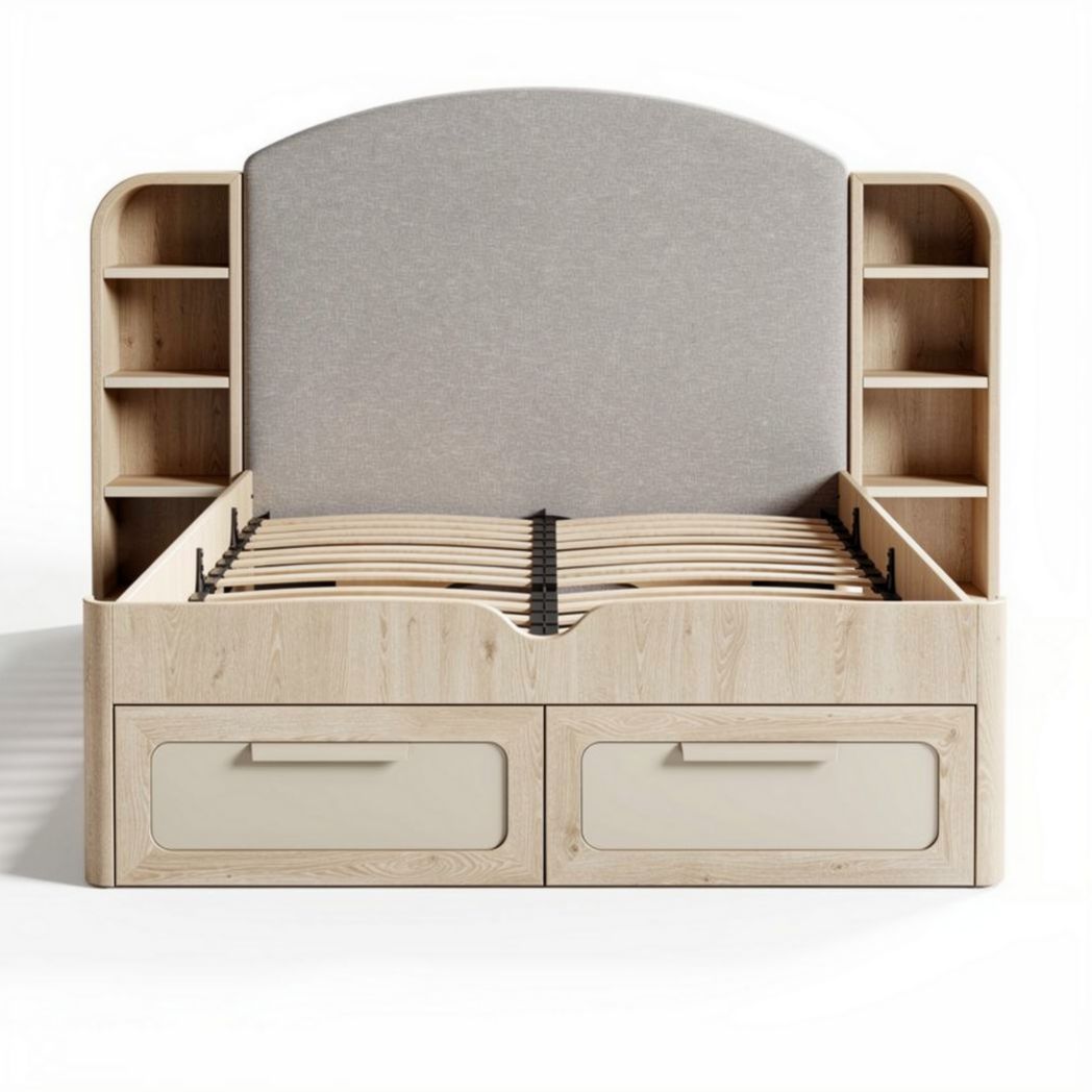 Letto matrimoniale con contenitore in legno e testiera imbottita 200 x 160 x 120cm
