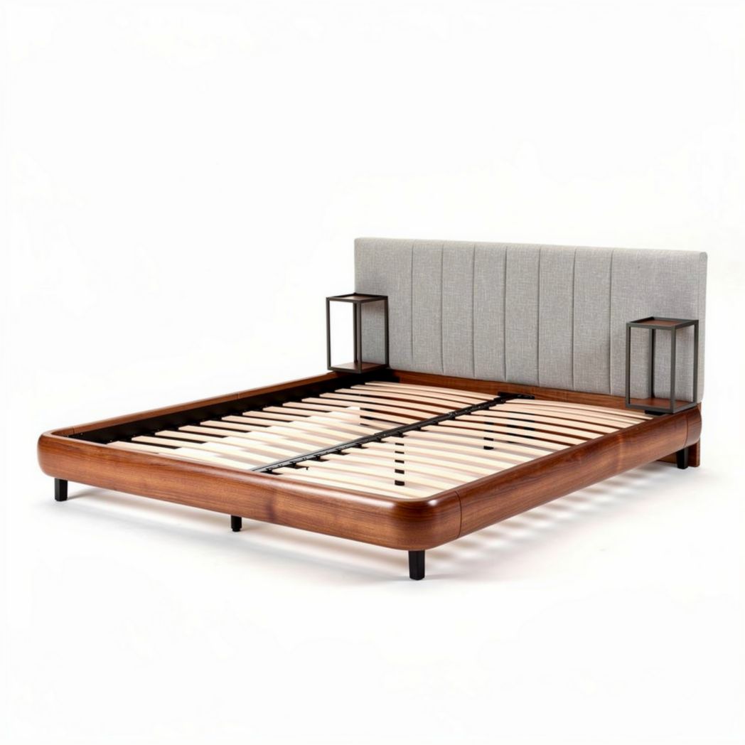 Letto matrimoniale in legno con testiera grigia e comodini integrati 200 x 160 x 35cm